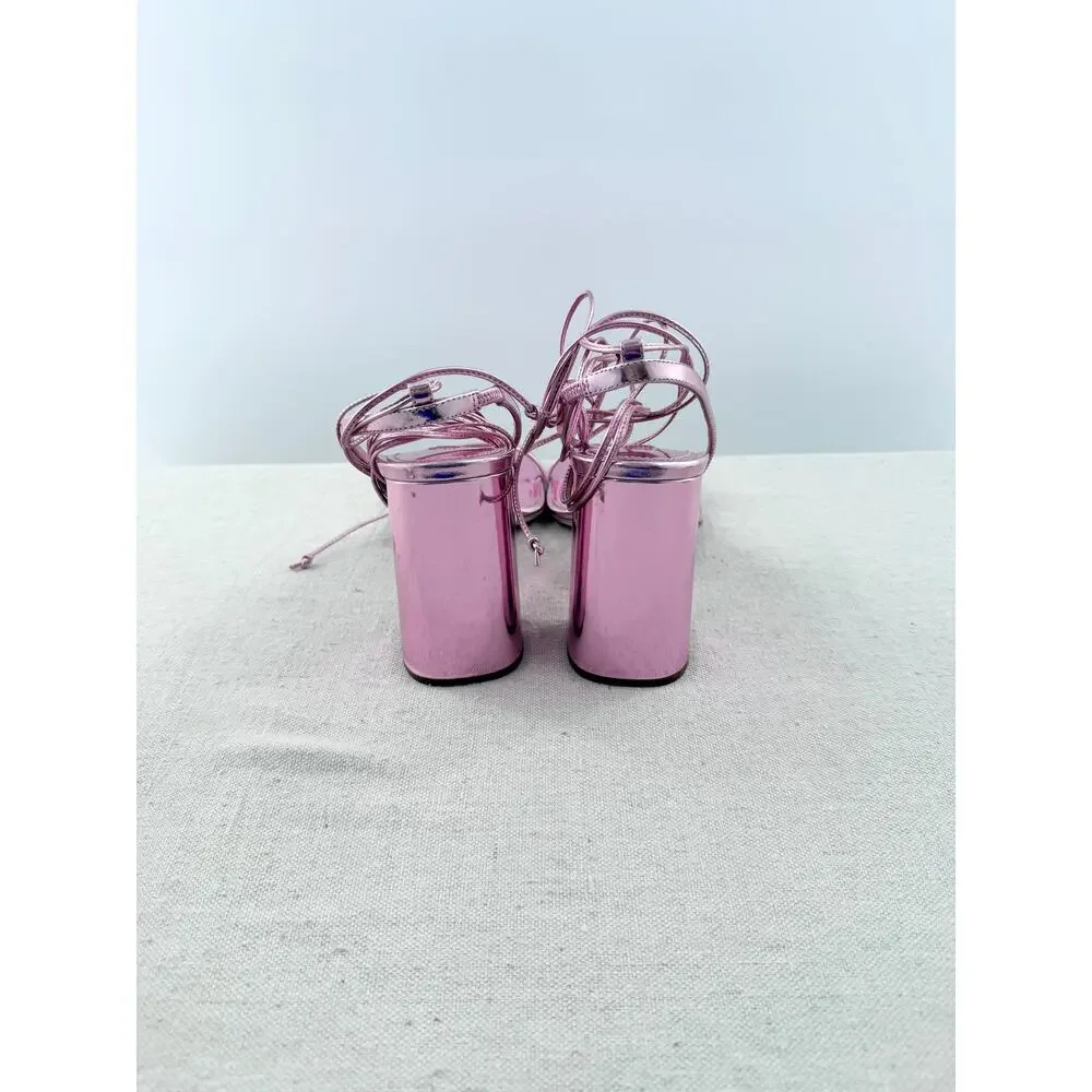 Miu Miu Metallic Leather Wrap-Around Ankle Lace Strappy Sandals Pink Women EU 40